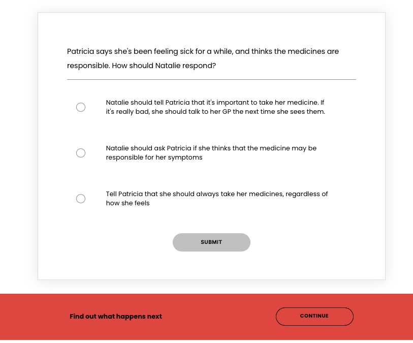 screenshot from a Rise learning that shows a Knowledge check question and three options - a good, bad and not-so good option. Underneath the question is a 'continue' button that takes the learner to the next mini episode